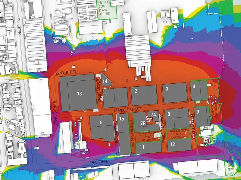 Net new shadow duration mapped across the Potrero Power Station site