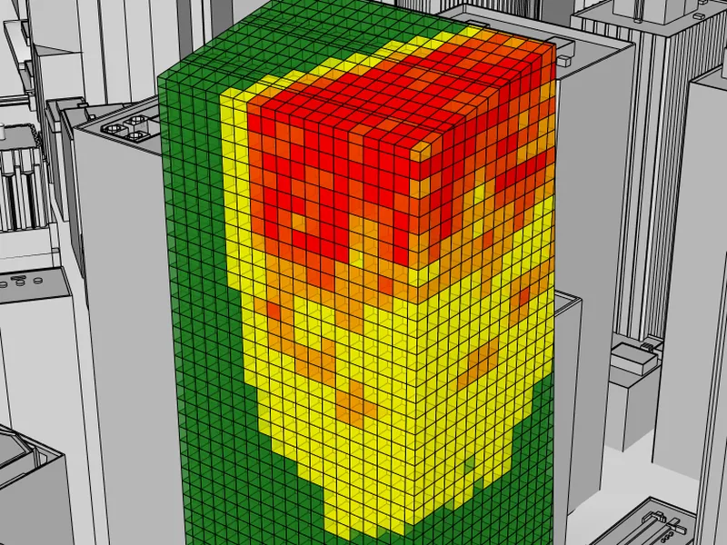Building massing colour-mapped by solar exposure during form studies